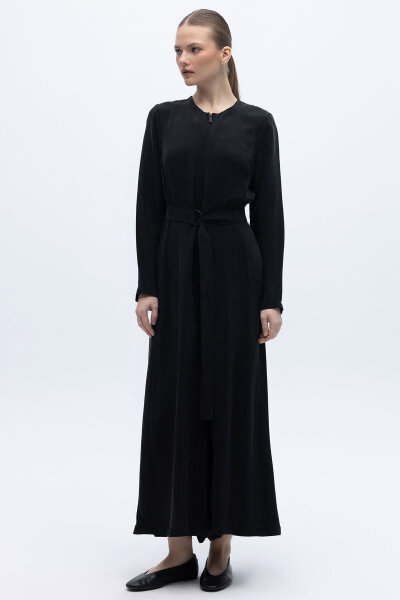 Önü Fermuarlı Cupro Tulum Siyah 