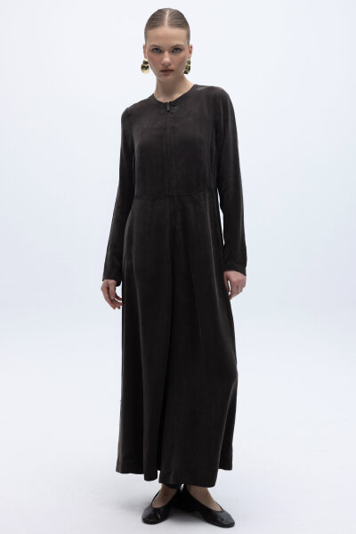 Önü Fermuarlı Cupro Tulum Kahverengi - 1