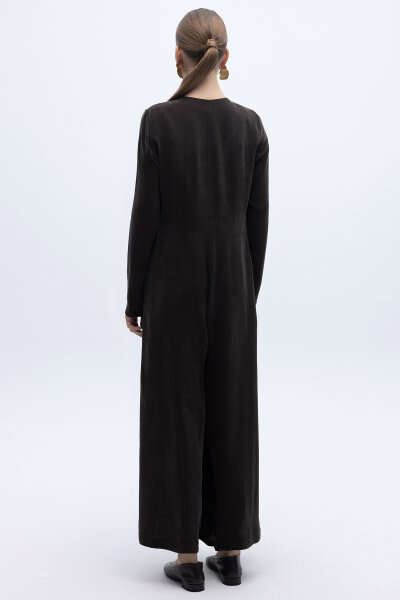 Önü Fermuarlı Cupro Tulum Kahverengi - 2