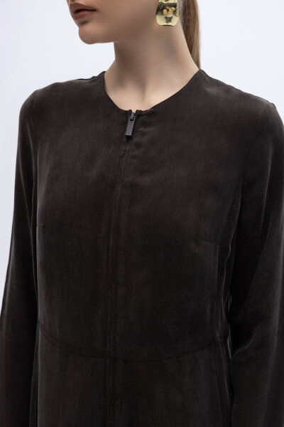 Önü Fermuarlı Cupro Tulum Kahverengi - 3