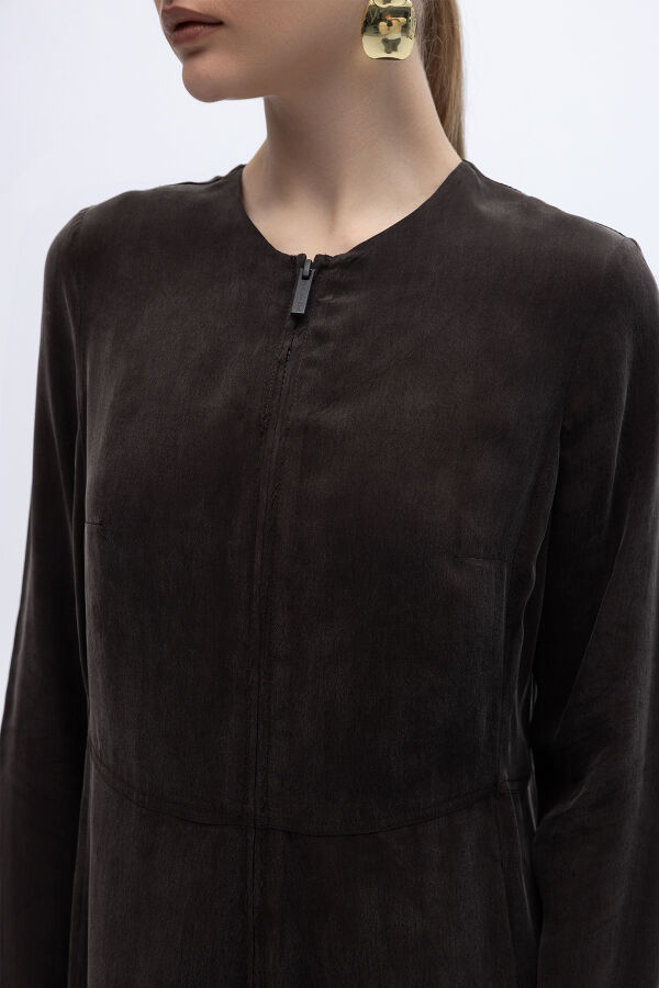 Önü Fermuarlı Cupro Tulum Kahverengi - 3