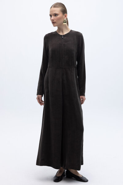 Önü Fermuarlı Cupro Tulum Kahverengi - 4