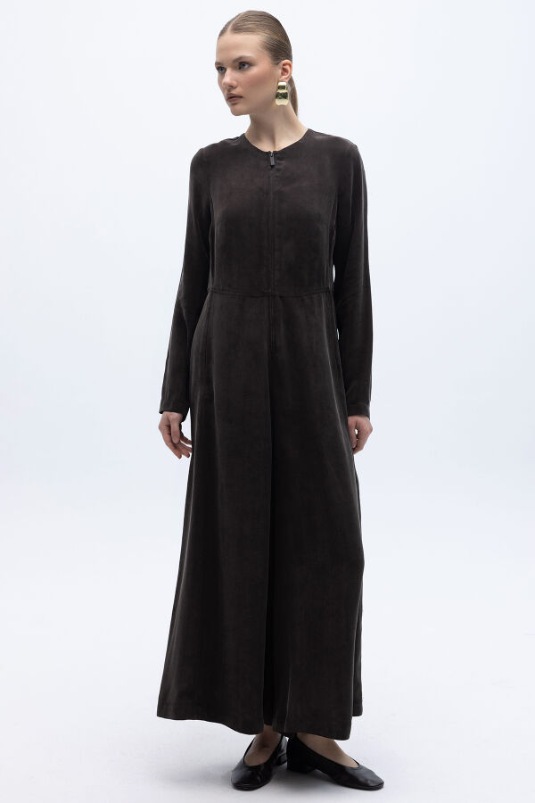 Önü Fermuarlı Cupro Tulum Kahverengi - 4