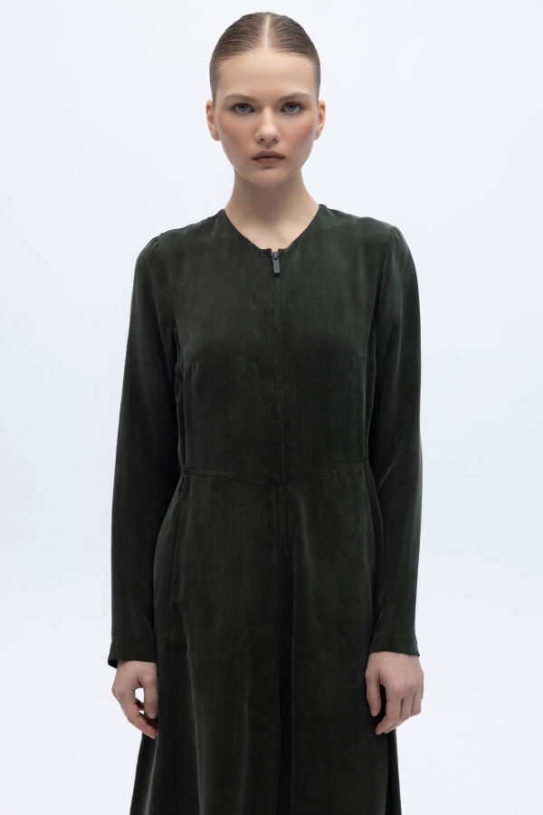 Önü Fermuarlı Cupro Tulum Haki - 2