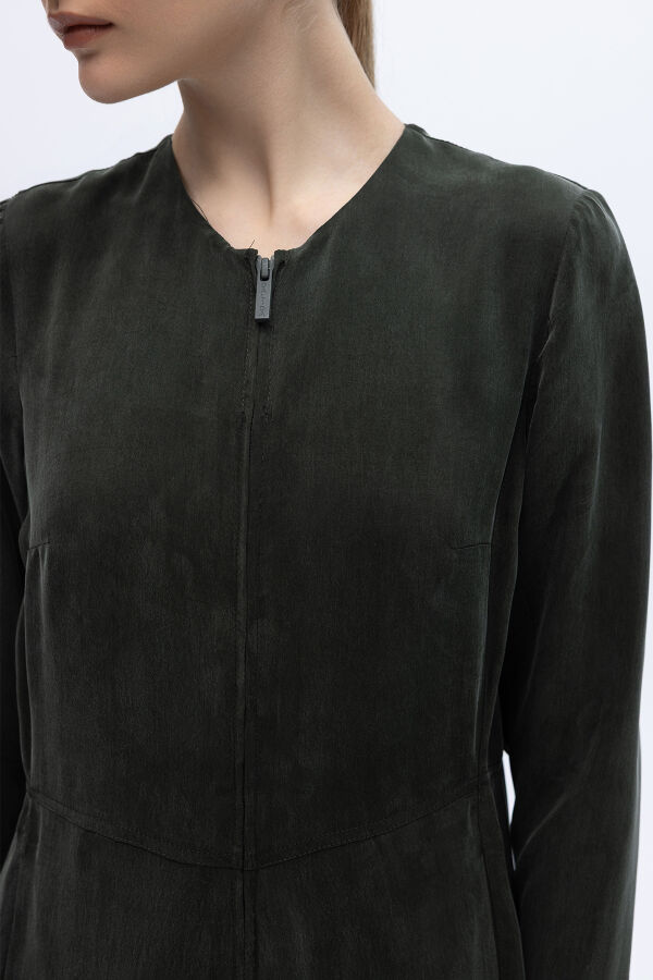 Önü Fermuarlı Cupro Tulum Haki - 3