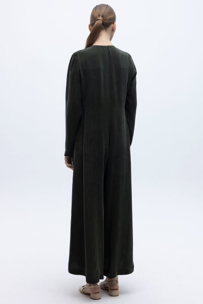 Önü Fermuarlı Cupro Tulum Haki - 4