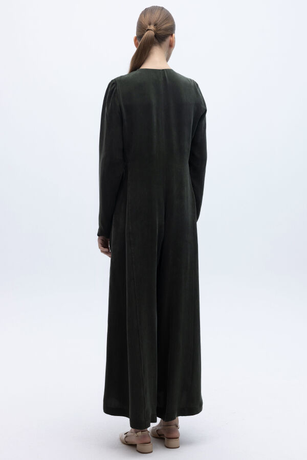 Önü Fermuarlı Cupro Tulum Haki - 4