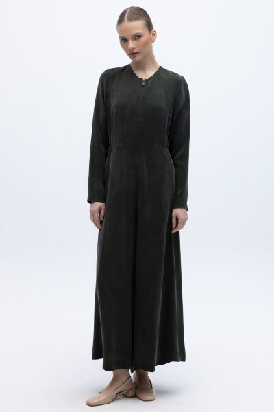 Önü Fermuarlı Cupro Tulum Haki - 5