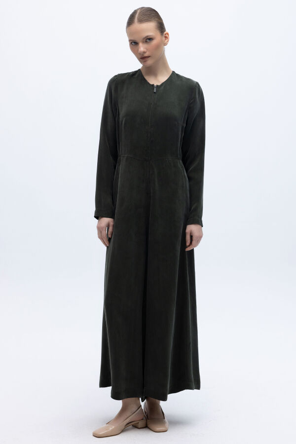 Önü Fermuarlı Cupro Tulum Haki - 5