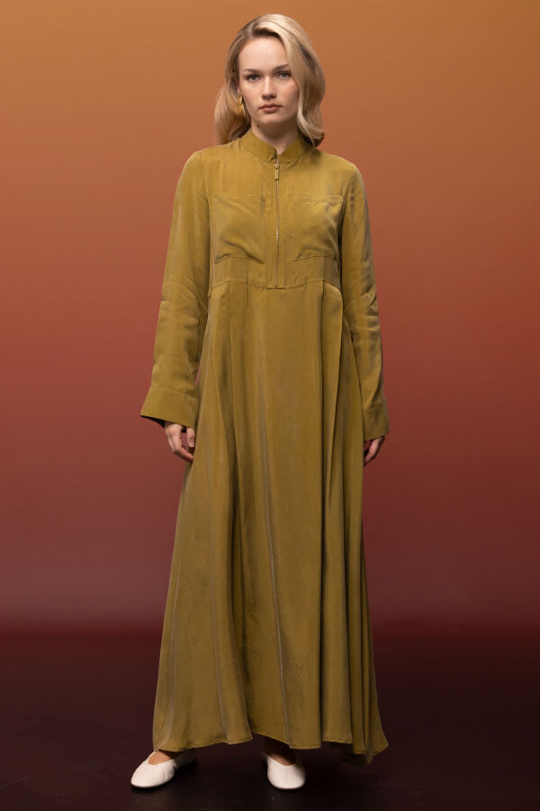 Önü Fermuarlı Hakim Yaka Cupro Elbise Amber - 1