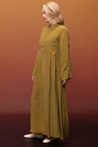 Önü Fermuarlı Hakim Yaka Cupro Elbise Amber - 2