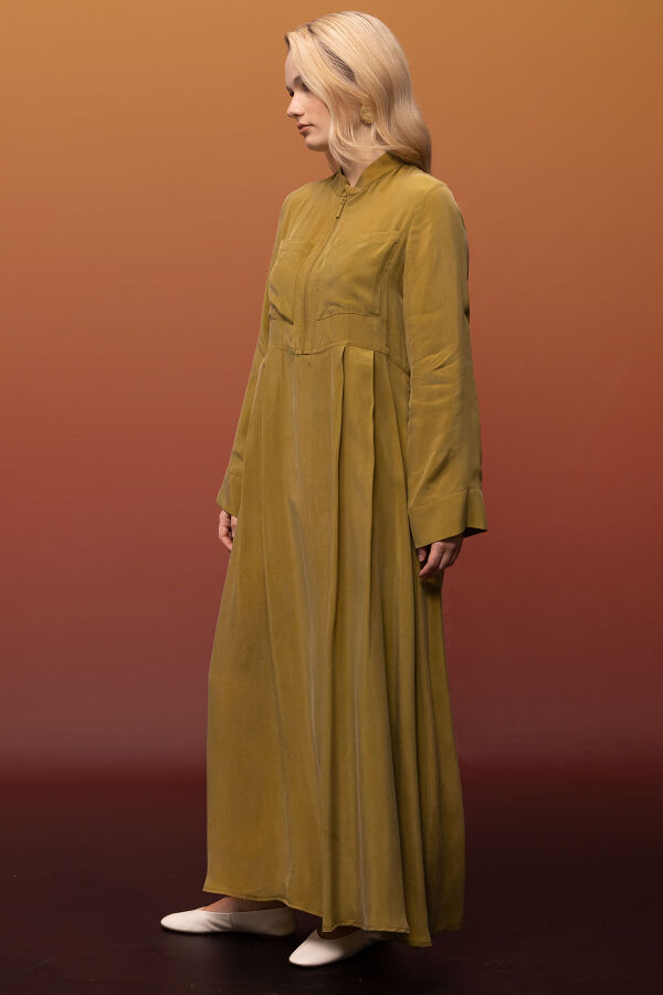 Önü Fermuarlı Hakim Yaka Cupro Elbise Amber - 2