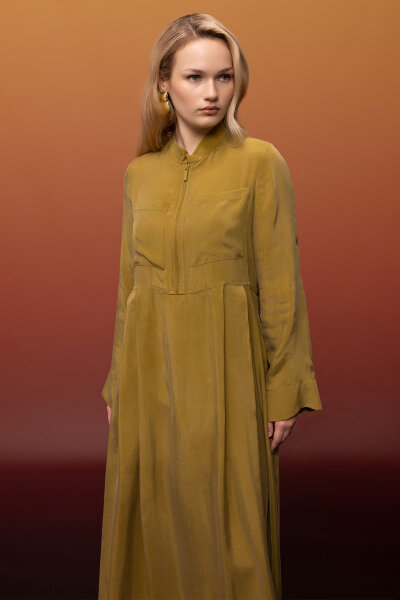 Önü Fermuarlı Hakim Yaka Cupro Elbise Amber - 5