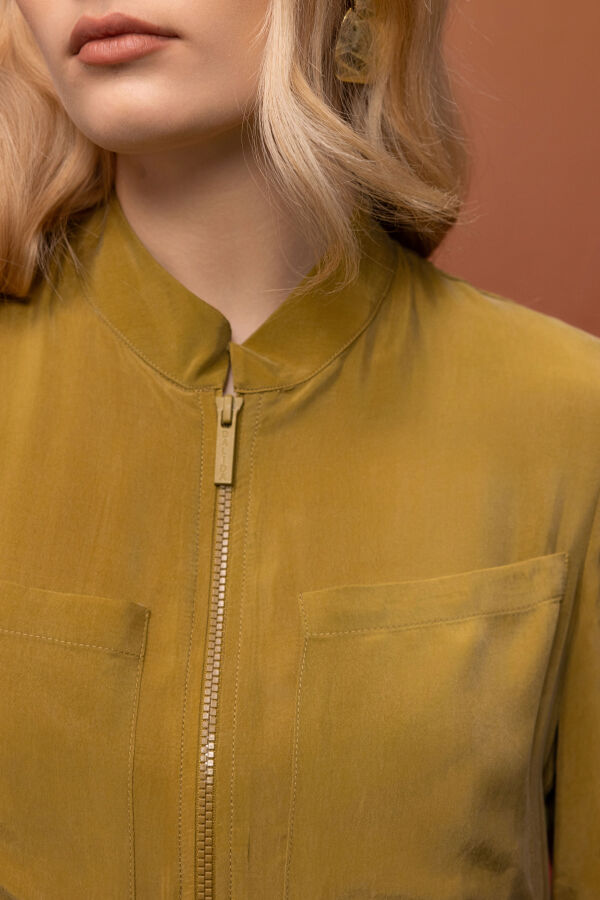 Önü Fermuarlı Hakim Yaka Cupro Elbise Amber - 6