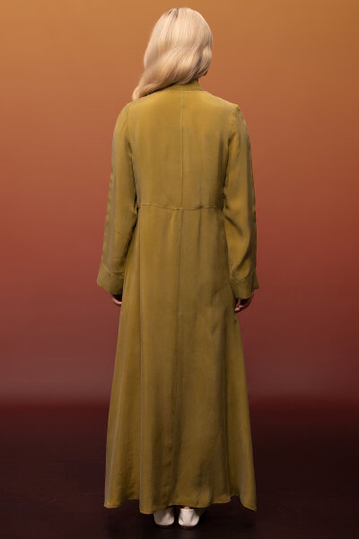 Önü Fermuarlı Hakim Yaka Cupro Elbise Amber - 7