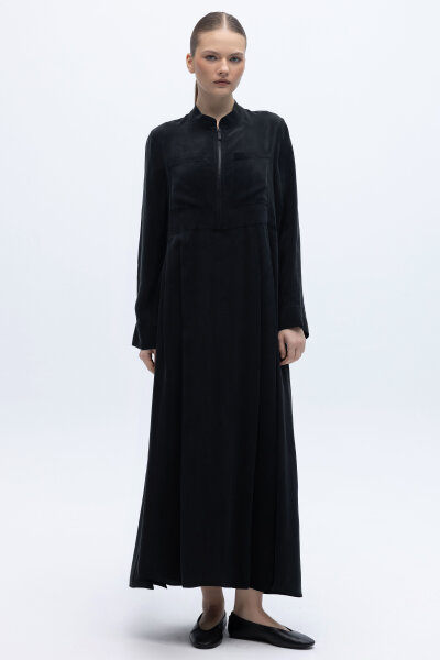 Önü Fermuarlı Hakim Yaka Cupro Elbise Siyah - 1