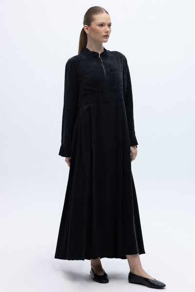 Önü Fermuarlı Hakim Yaka Cupro Elbise Siyah - 2