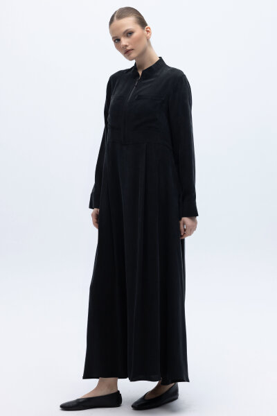 Önü Fermuarlı Hakim Yaka Cupro Elbise Siyah - 3