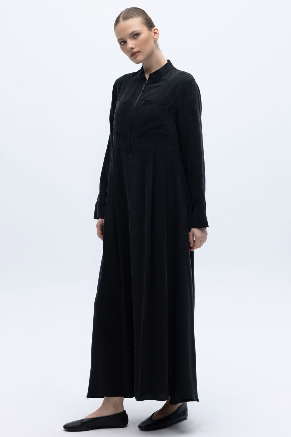 Önü Fermuarlı Hakim Yaka Cupro Elbise Siyah - 3