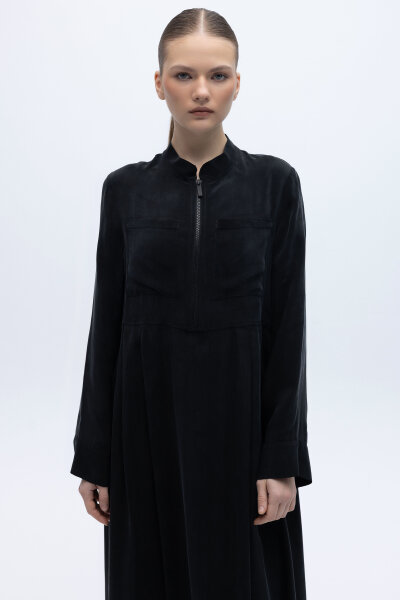 Önü Fermuarlı Hakim Yaka Cupro Elbise Siyah - 5