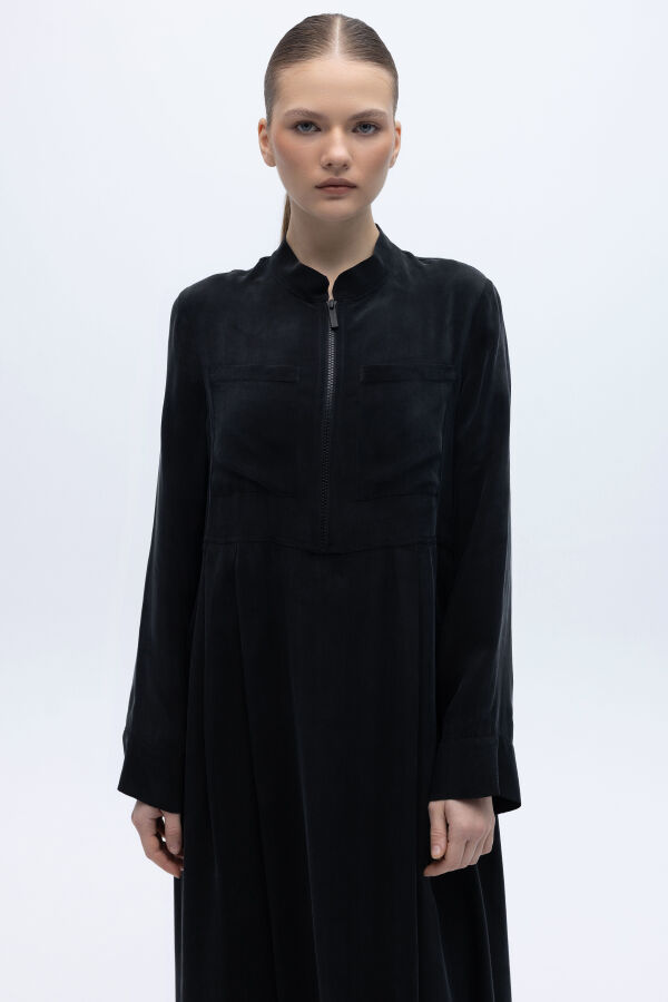 Önü Fermuarlı Hakim Yaka Cupro Elbise Siyah - 5