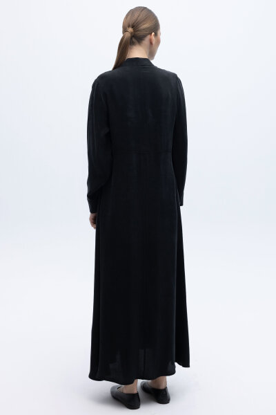 Önü Fermuarlı Hakim Yaka Cupro Elbise Siyah - 6
