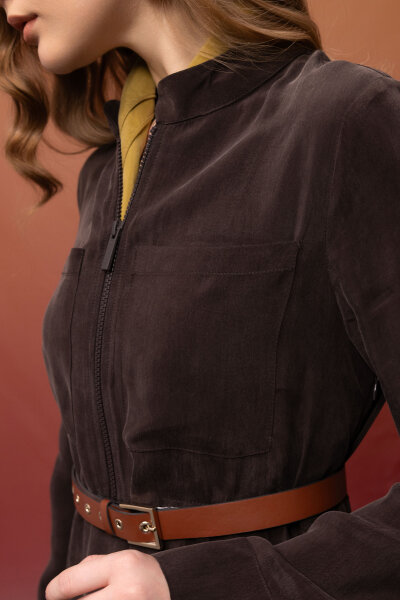 Önü Fermuarlı Hakim Yaka Cupro Elbise Kahverengi - 4