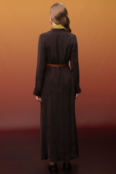 Önü Fermuarlı Hakim Yaka Cupro Elbise Kahverengi - 5