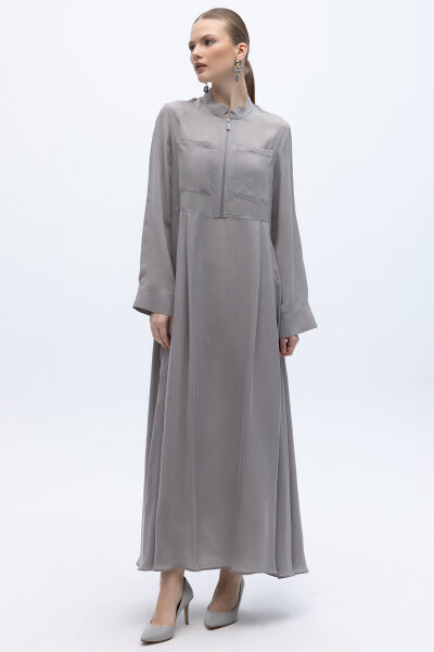 Önü Fermuarlı Hakim Yaka Cupro Elbise Gri - 2