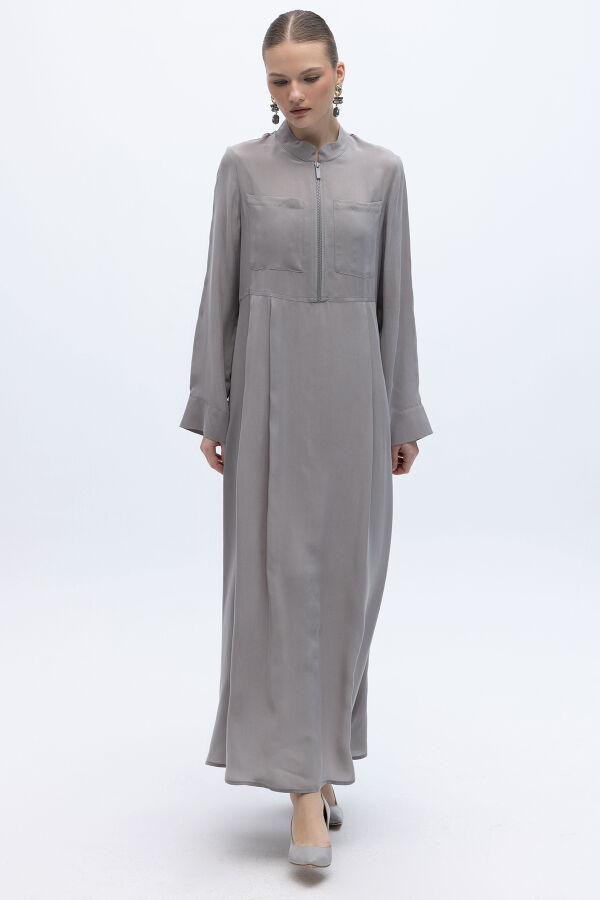 Önü Fermuarlı Hakim Yaka Cupro Elbise Gri - 3