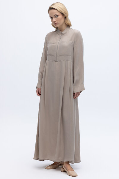 Önü Fermuarlı Hakim Yaka Cupro Elbise Stone - 2