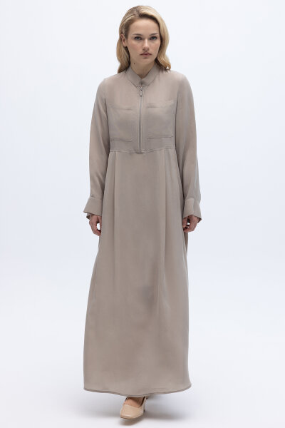 Önü Fermuarlı Hakim Yaka Cupro Elbise Stone - 4