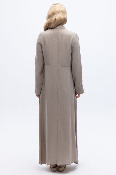 Önü Fermuarlı Hakim Yaka Cupro Elbise Stone - 5
