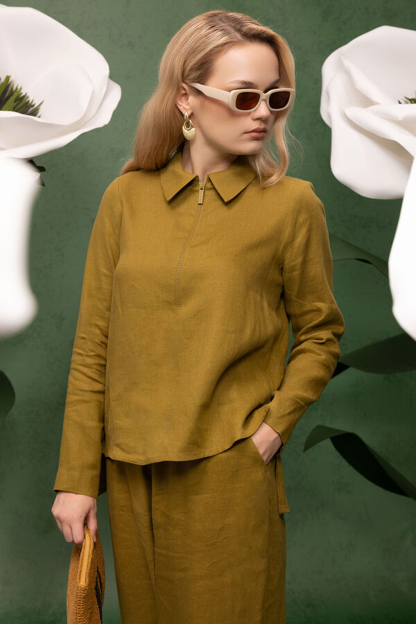 Önü Fermuarlı Keten Gömlek Amber - 1