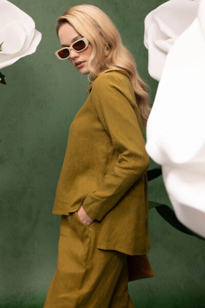 Önü Fermuarlı Keten Gömlek Amber - 2