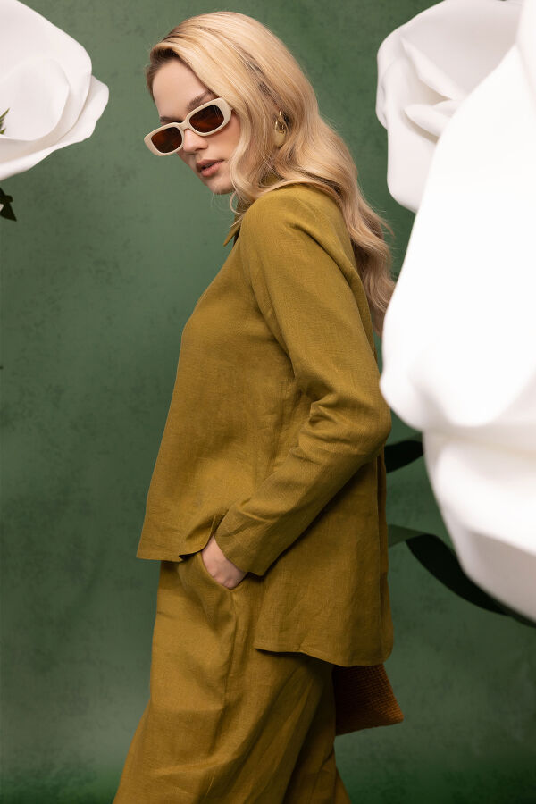 Önü Fermuarlı Keten Gömlek Amber - 2