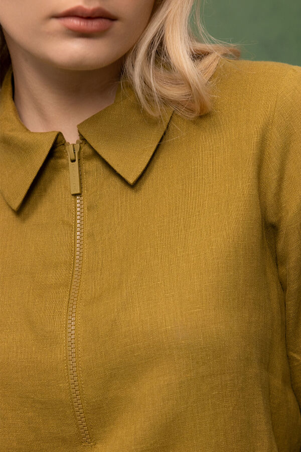Önü Fermuarlı Keten Gömlek Amber - 3
