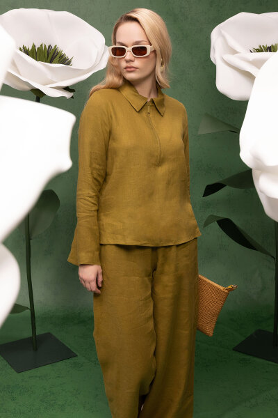 Önü Fermuarlı Keten Gömlek Amber - 4