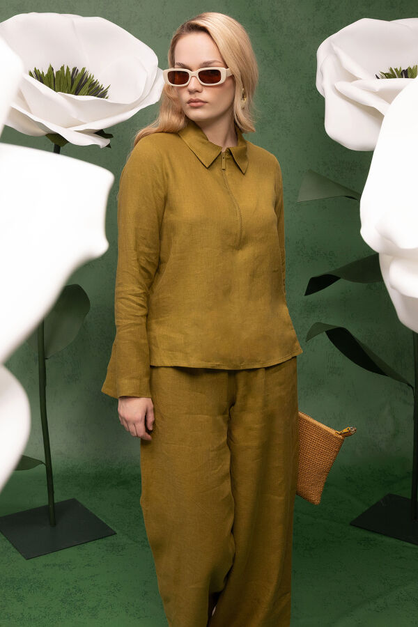 Önü Fermuarlı Keten Gömlek Amber - 4