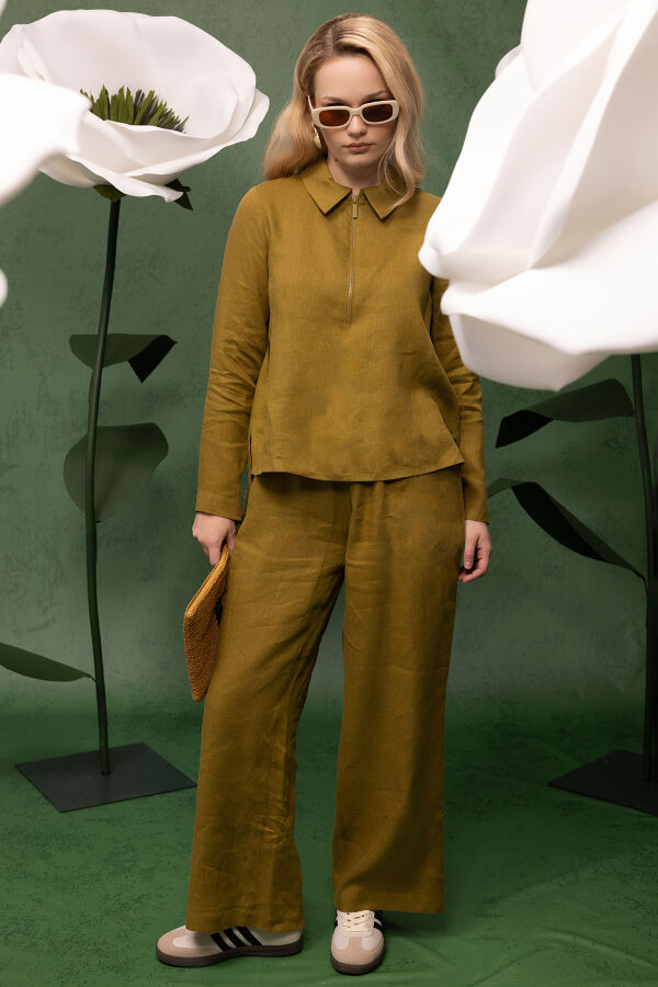 Önü Fermuarlı Keten Gömlek Amber - 5