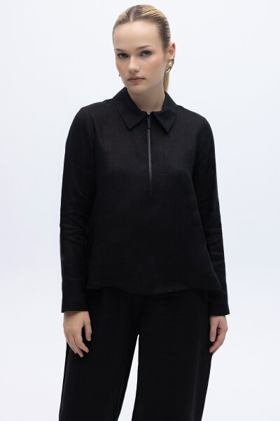 Önü Fermuarlı Keten Gömlek Siyah 