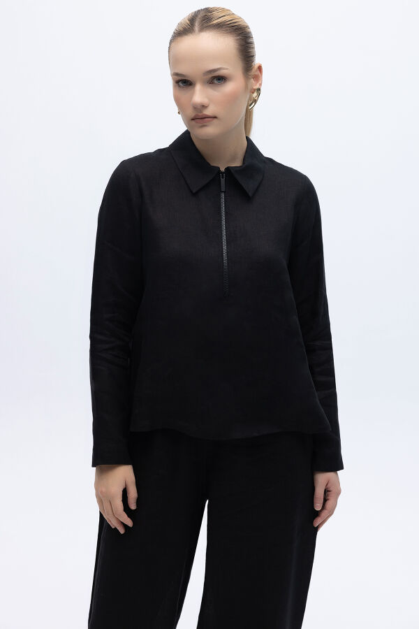 Önü Fermuarlı Keten Gömlek Siyah - 1