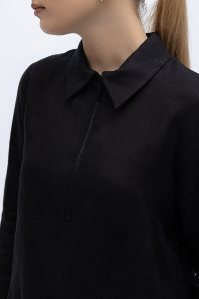 Önü Fermuarlı Keten Gömlek Siyah - 2