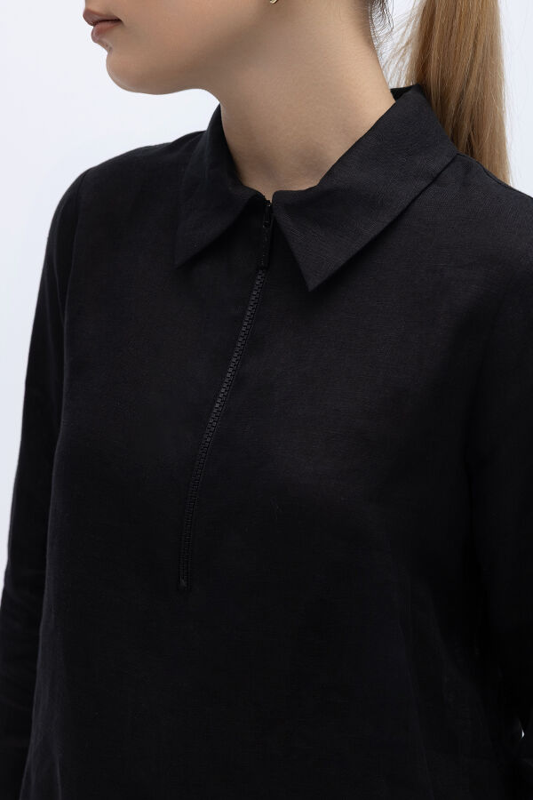 Önü Fermuarlı Keten Gömlek Siyah - 2