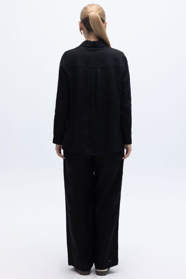 Önü Fermuarlı Keten Gömlek Siyah - 3