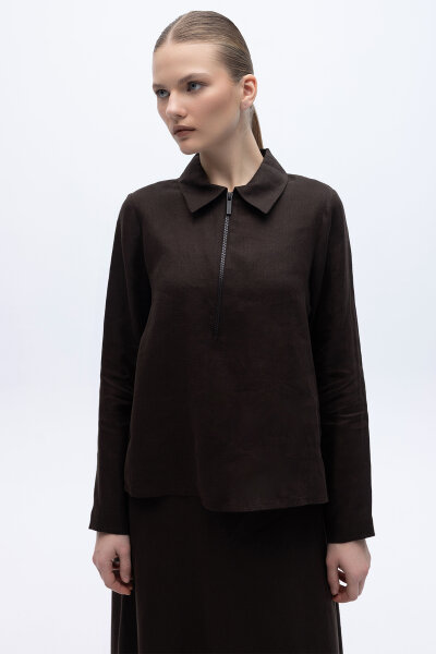 Önü Fermuarlı Keten Gömlek Kahverengi 