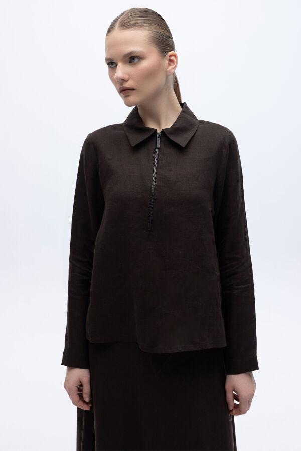 Önü Fermuarlı Keten Gömlek Kahverengi - 1