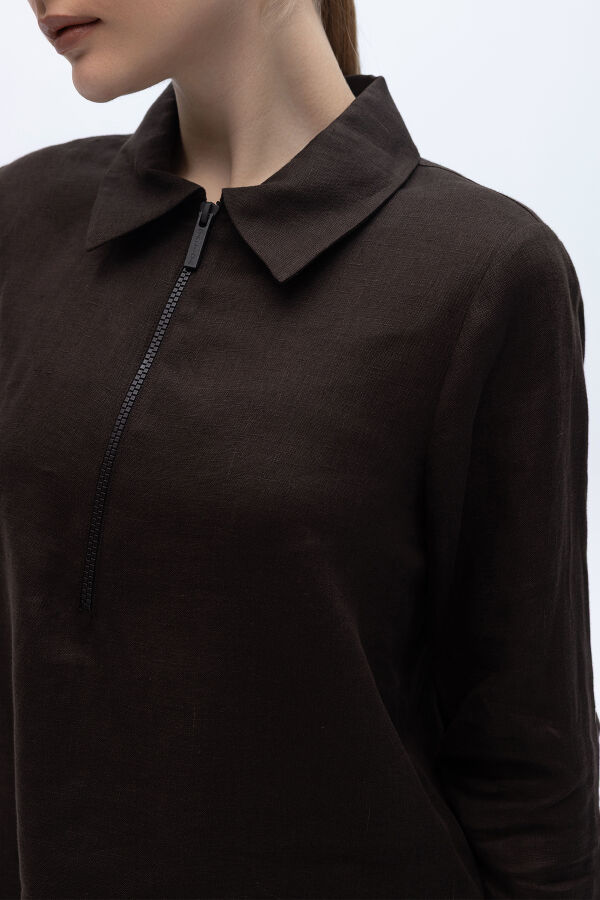 Önü Fermuarlı Keten Gömlek Kahverengi - 2