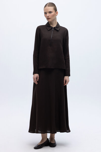 Önü Fermuarlı Keten Gömlek Kahverengi - 4