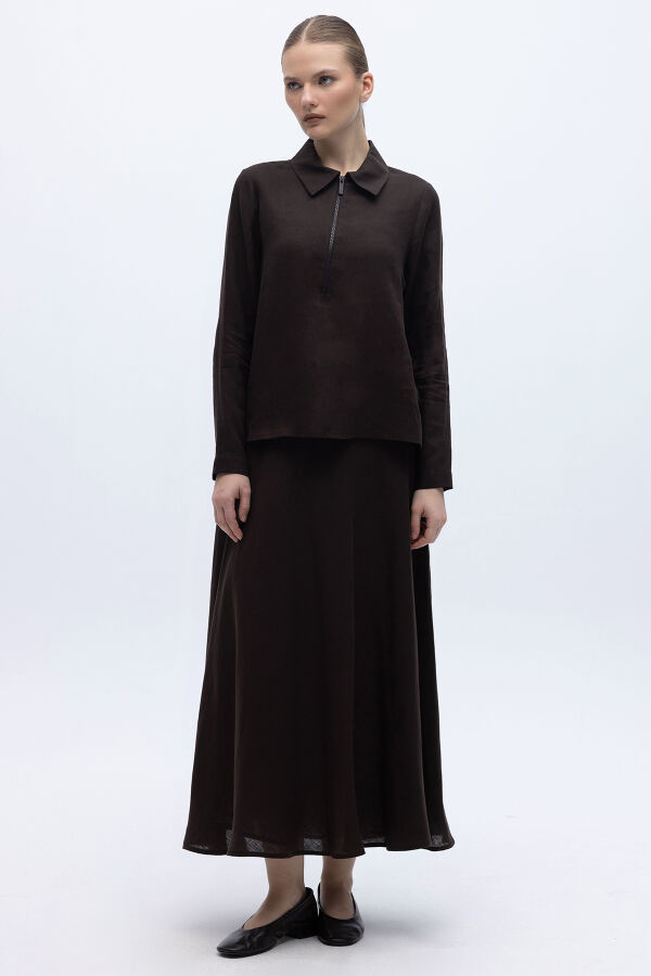 Önü Fermuarlı Keten Gömlek Kahverengi - 4